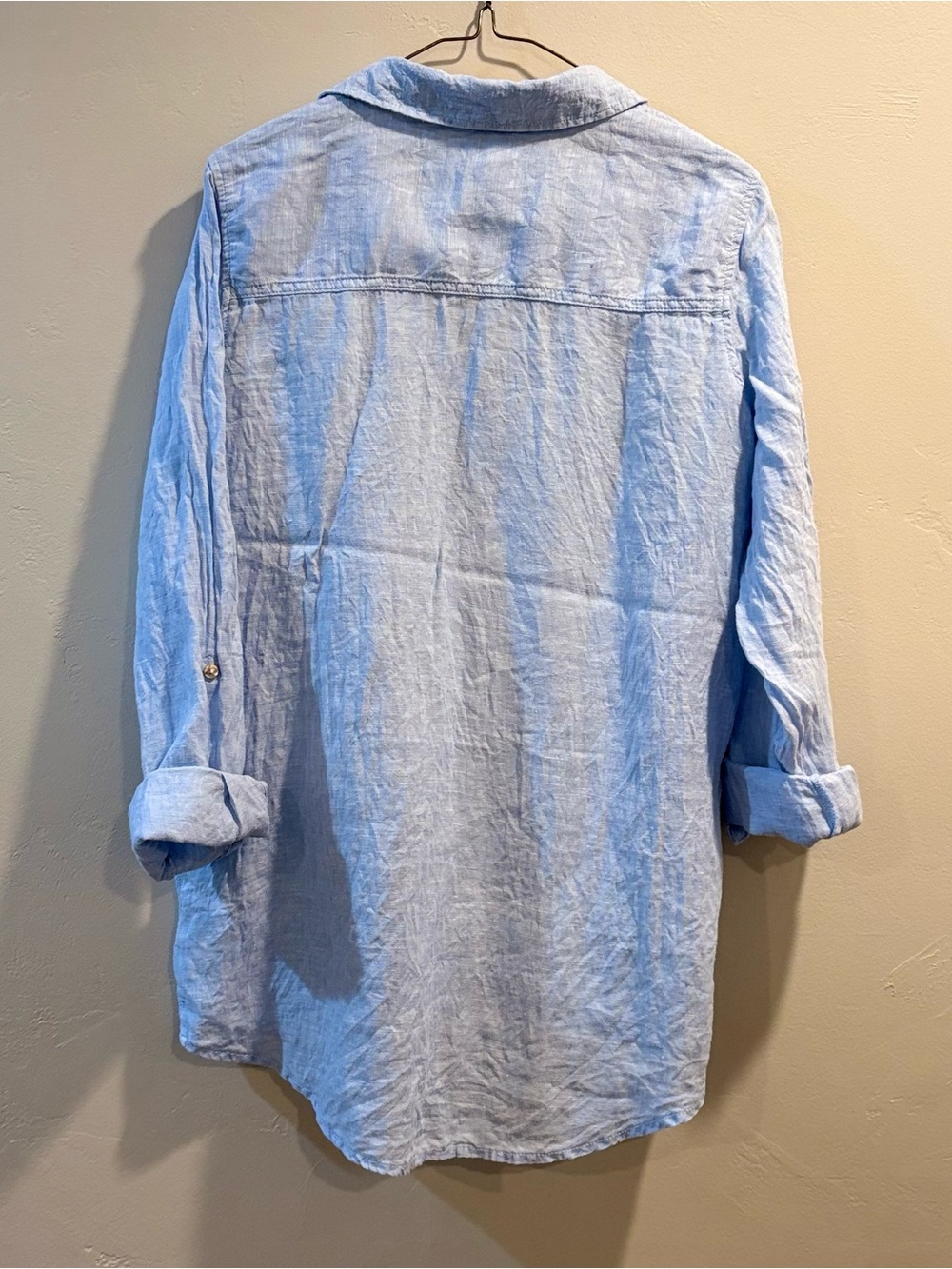 Sigrid Olsen Light Blue Linen Button-Down Shirt with Yellow Collar Trim - Picture 2 of 5